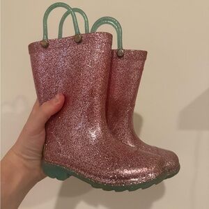 Western Chief Pink Glitter Boots with Teal Accents Size 8